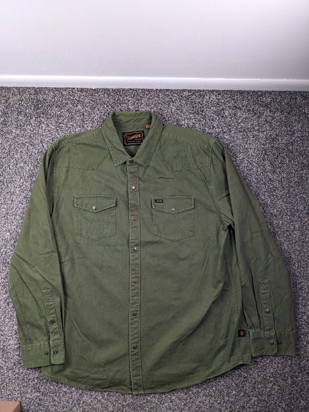 Howler Bros Work Shirt Sawhorse Snap Button Herringbone L/S Button Green Mens XL